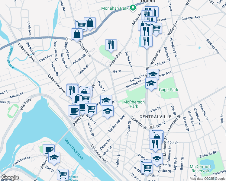 map of restaurants, bars, coffee shops, grocery stores, and more near 238 Hildreth Street in Lowell