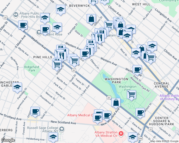 map of restaurants, bars, coffee shops, grocery stores, and more near 420 Hudson Avenue in Albany