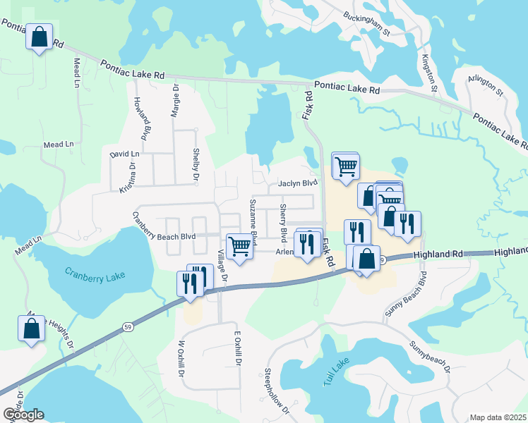 map of restaurants, bars, coffee shops, grocery stores, and more near 216 Erick Boulevard in White Lake charter Township