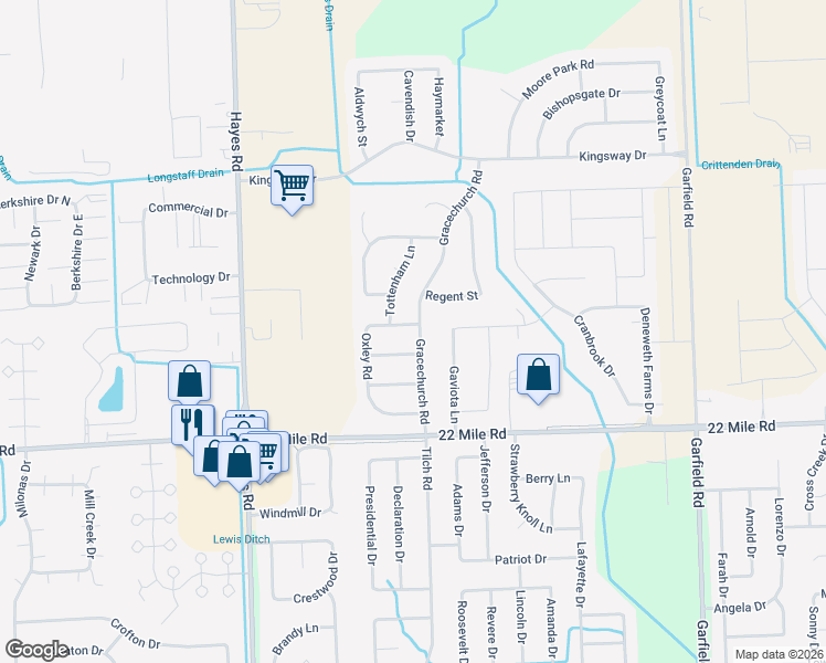 map of restaurants, bars, coffee shops, grocery stores, and more near 15672 Tudor Street in Macomb