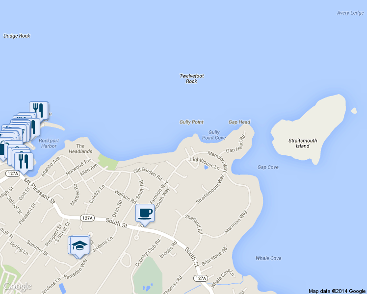 map of restaurants, bars, coffee shops, grocery stores, and more near 43 Marmion Way in Rockport