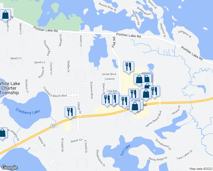 map of restaurants, bars, coffee shops, grocery stores, and more near 17 Marlene Court in White Lake charter Township