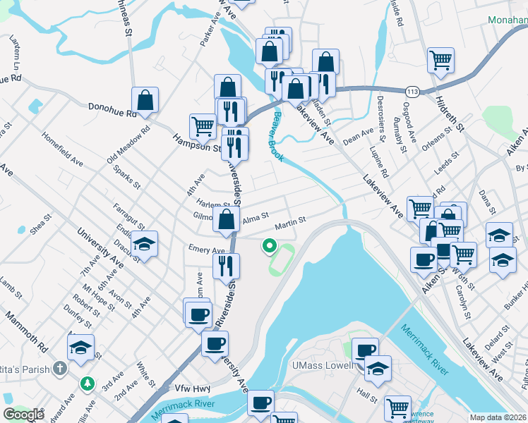 map of restaurants, bars, coffee shops, grocery stores, and more near 45 Lafayette Street in Lowell