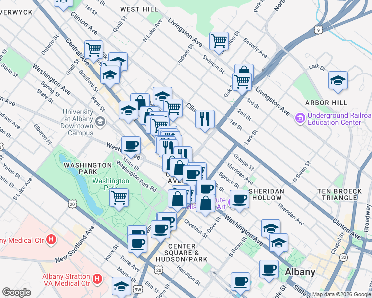 map of restaurants, bars, coffee shops, grocery stores, and more near 316 Sheridan Avenue in Albany