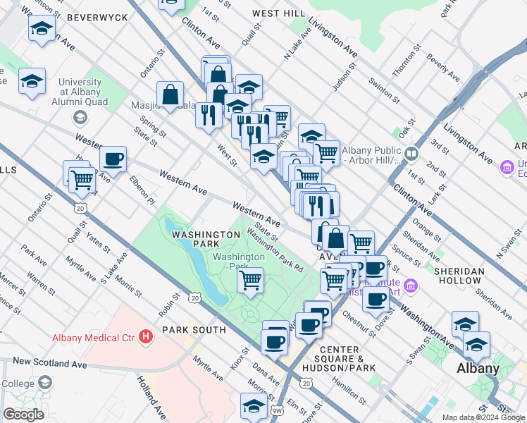 map of restaurants, bars, coffee shops, grocery stores, and more near 930a Robin Street in Albany