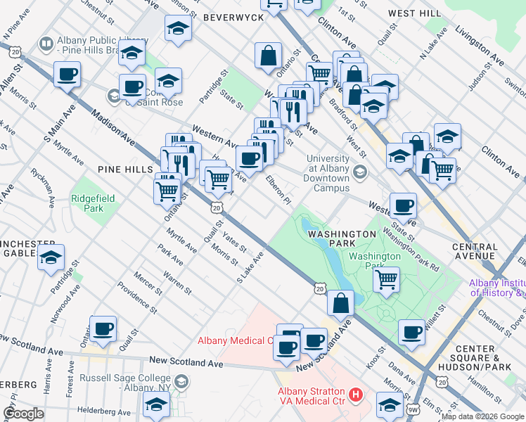 map of restaurants, bars, coffee shops, grocery stores, and more near 420 Hudson Avenue in Albany