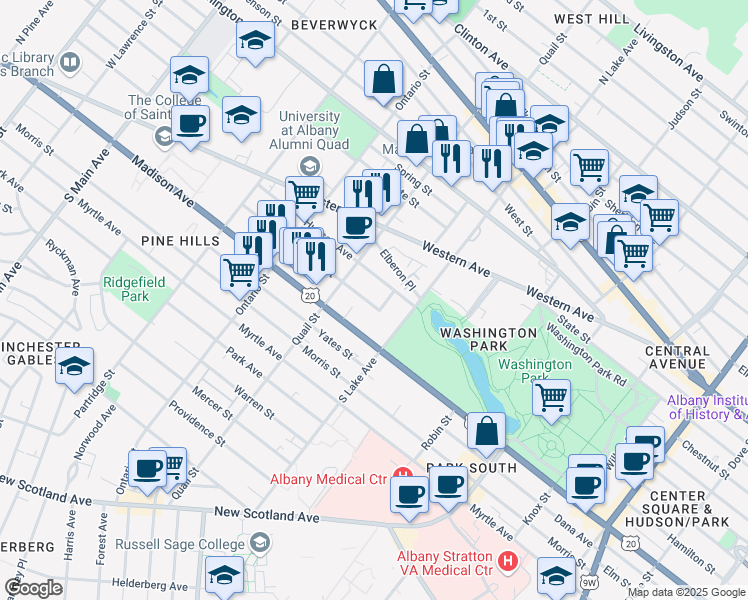 map of restaurants, bars, coffee shops, grocery stores, and more near 420 Hudson Avenue in Albany