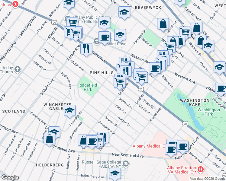 map of restaurants, bars, coffee shops, grocery stores, and more near in Albany