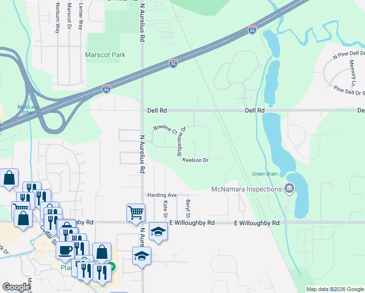 map of restaurants, bars, coffee shops, grocery stores, and more near 2685 Brigantine Drive in Lansing