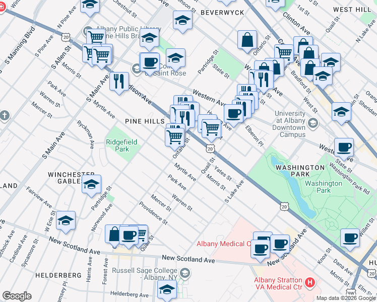 map of restaurants, bars, coffee shops, grocery stores, and more near 480 Yates Street in Albany
