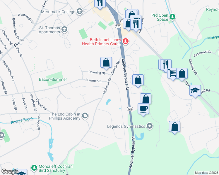 map of restaurants, bars, coffee shops, grocery stores, and more near 269 Highland Road in Andover