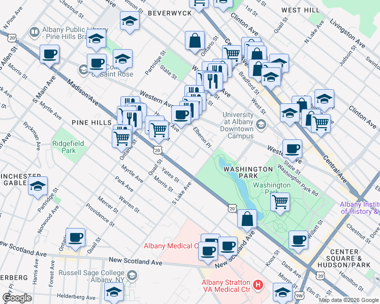 map of restaurants, bars, coffee shops, grocery stores, and more near 420 Hudson Avenue in Albany