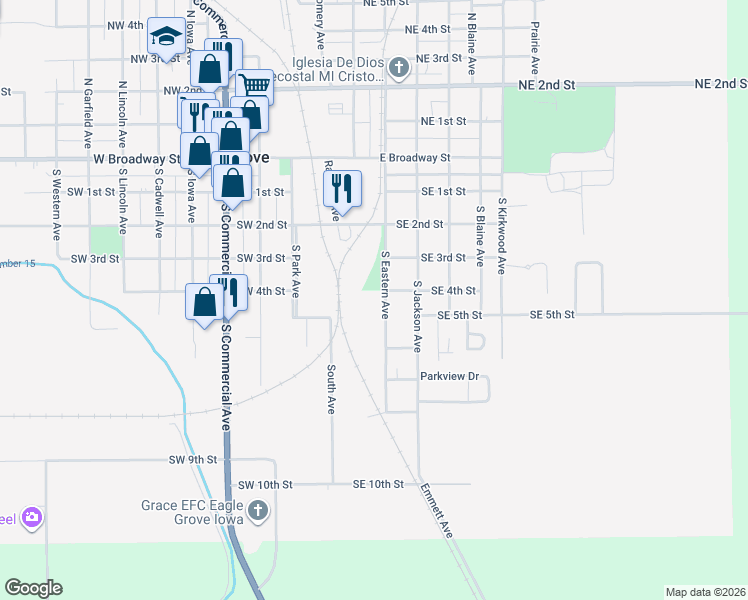 map of restaurants, bars, coffee shops, grocery stores, and more near 401-599 South Eastern Avenue in Eagle Grove