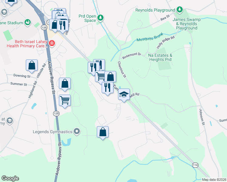 map of restaurants, bars, coffee shops, grocery stores, and more near 789 Turnpike Street in North Andover