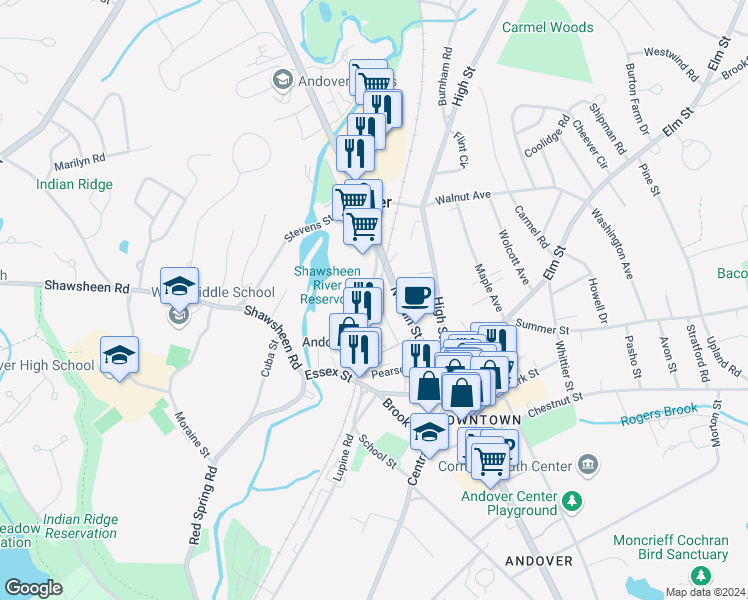map of restaurants, bars, coffee shops, grocery stores, and more near 31 Railroad Street in Andover