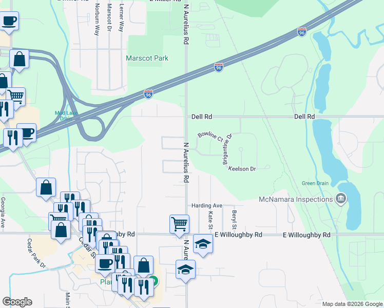 map of restaurants, bars, coffee shops, grocery stores, and more near 1941 Remsing Drive in Lansing