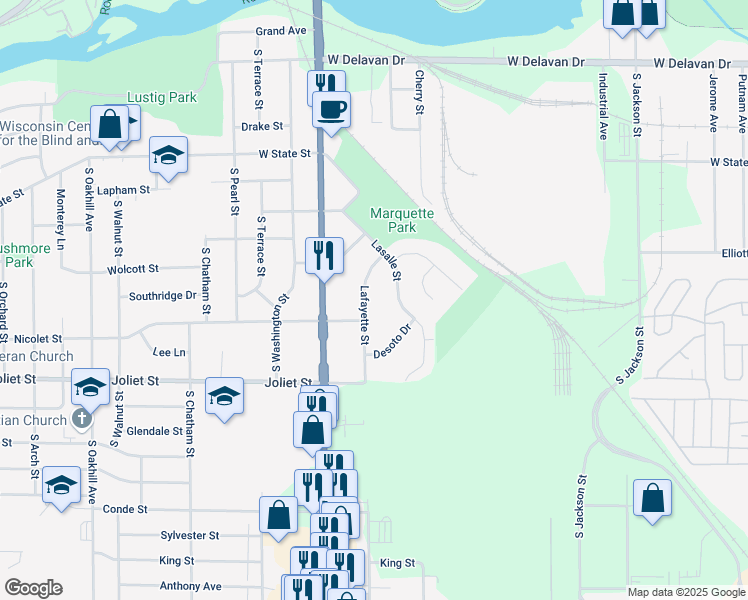 map of restaurants, bars, coffee shops, grocery stores, and more near 1446 Lafayette Street in Janesville