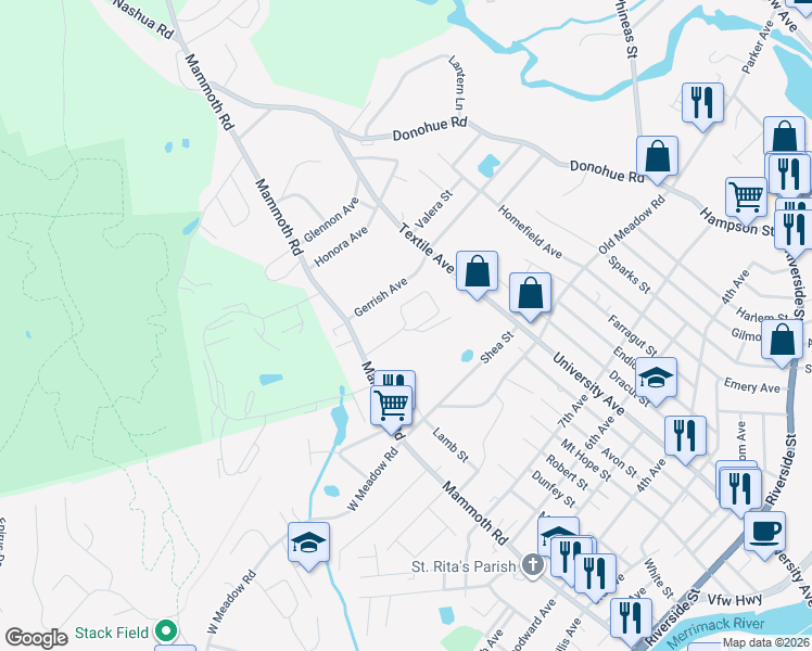 map of restaurants, bars, coffee shops, grocery stores, and more near 310 Merrill Lane in Dracut