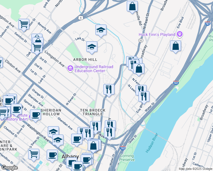 map of restaurants, bars, coffee shops, grocery stores, and more near 252 North Pearl Street in Albany