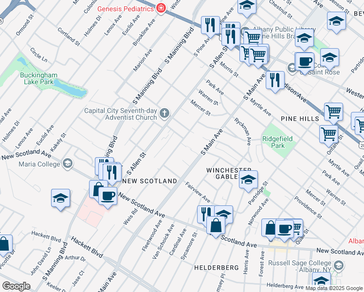 map of restaurants, bars, coffee shops, grocery stores, and more near 430 West Lawrence Street in Albany