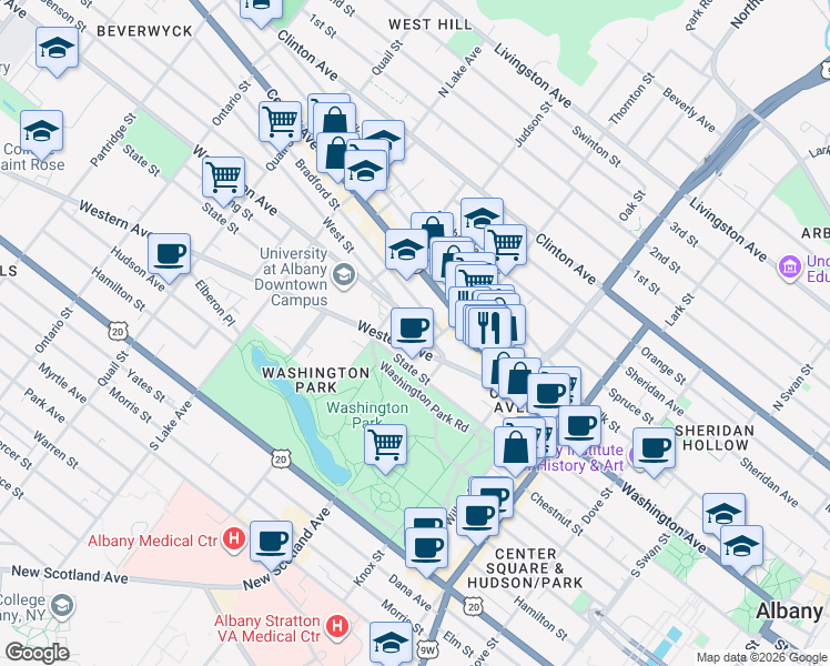 map of restaurants, bars, coffee shops, grocery stores, and more near 323 Washington Avenue in Albany