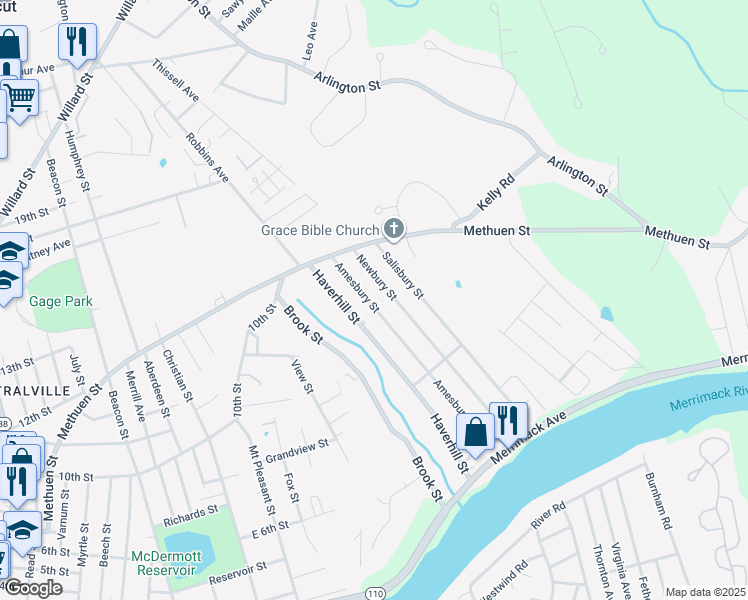 map of restaurants, bars, coffee shops, grocery stores, and more near 173A Amesbury Street in Dracut