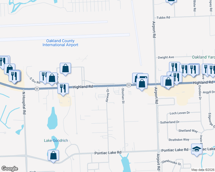 map of restaurants, bars, coffee shops, grocery stores, and more near Michigan 59 & Airway Drive in Waterford Township