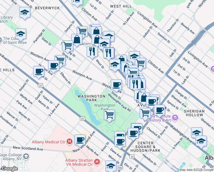 map of restaurants, bars, coffee shops, grocery stores, and more near Western Ave & Robin St in Albany