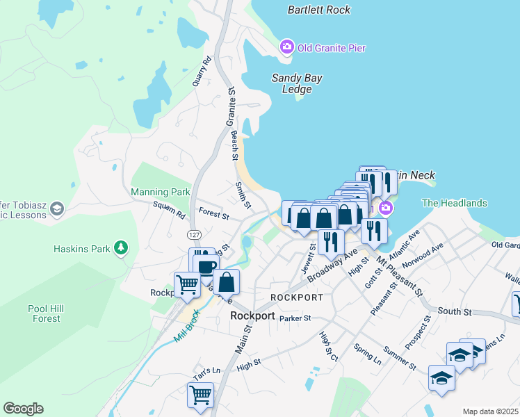 map of restaurants, bars, coffee shops, grocery stores, and more near 5 R Smith Street in Rockport