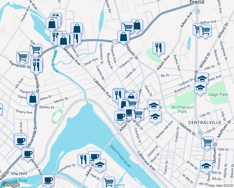 map of restaurants, bars, coffee shops, grocery stores, and more near 26 Farmland Road in Lowell