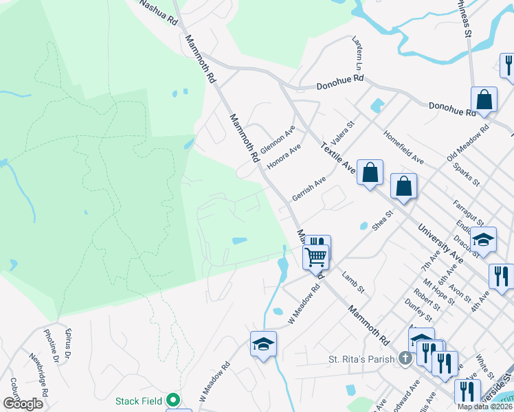 map of restaurants, bars, coffee shops, grocery stores, and more near 486 Mammoth Road in Dracut
