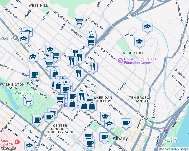 map of restaurants, bars, coffee shops, grocery stores, and more near 281 Clinton Avenue in Albany