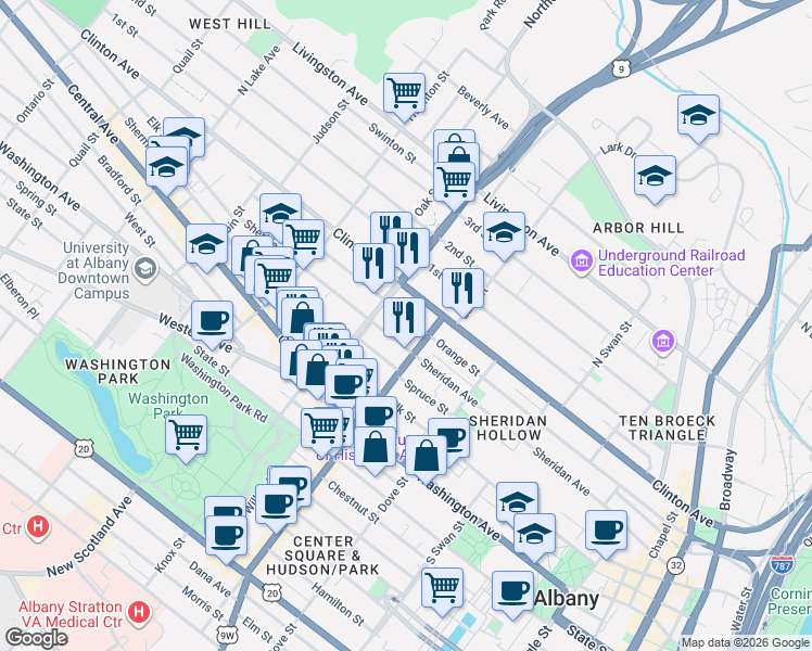 map of restaurants, bars, coffee shops, grocery stores, and more near 319 Orange Street in Albany