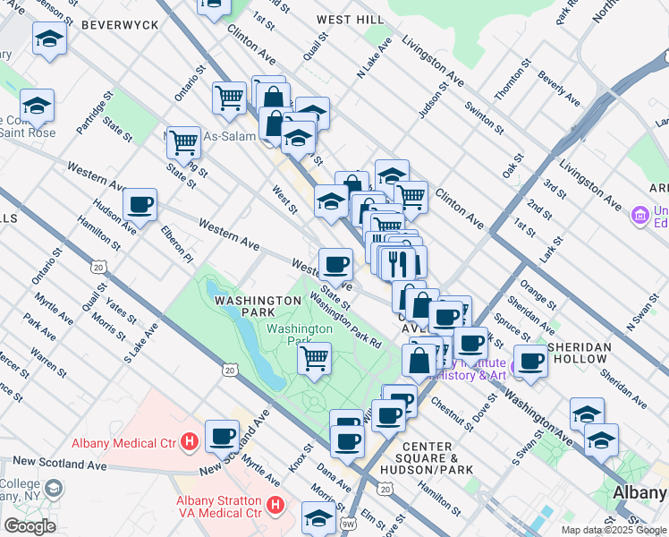 map of restaurants, bars, coffee shops, grocery stores, and more near 323 Washington Avenue in Albany