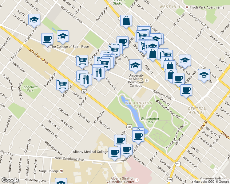 map of restaurants, bars, coffee shops, grocery stores, and more near 3 Elberon Place in Albany