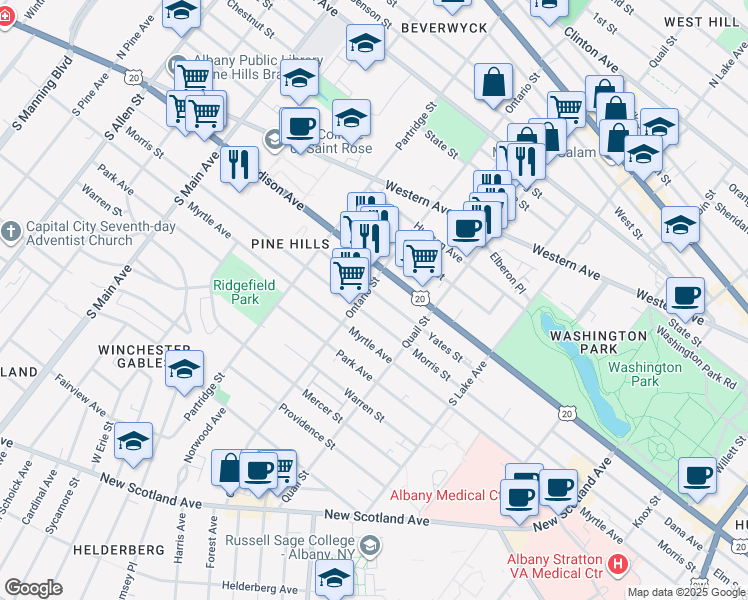 map of restaurants, bars, coffee shops, grocery stores, and more near 844 Madison Avenue in Albany