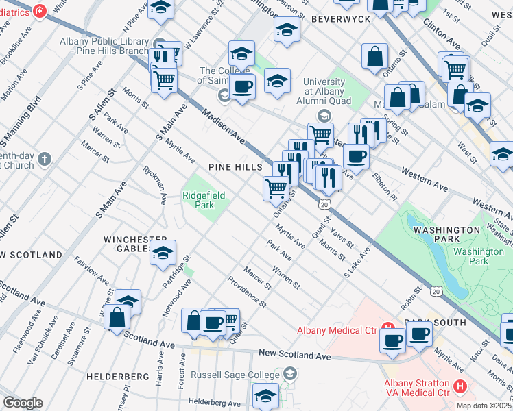 map of restaurants, bars, coffee shops, grocery stores, and more near in Albany