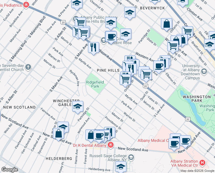 map of restaurants, bars, coffee shops, grocery stores, and more near 712 Myrtle Avenue in Albany