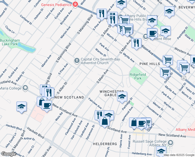 map of restaurants, bars, coffee shops, grocery stores, and more near in Albany
