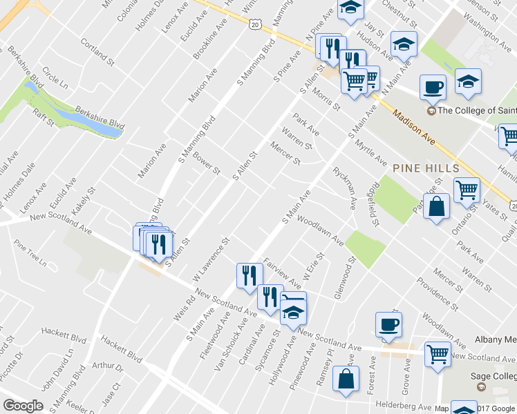 map of restaurants, bars, coffee shops, grocery stores, and more near 430 West Lawrence Street in Albany