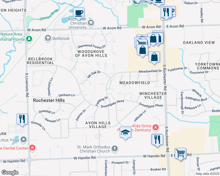 map of restaurants, bars, coffee shops, grocery stores, and more near 1560 Meadowside Drive in Rochester Hills