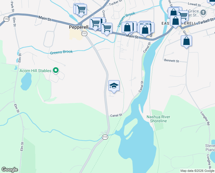map of restaurants, bars, coffee shops, grocery stores, and more near 38 Massachusetts 111 in Pepperell