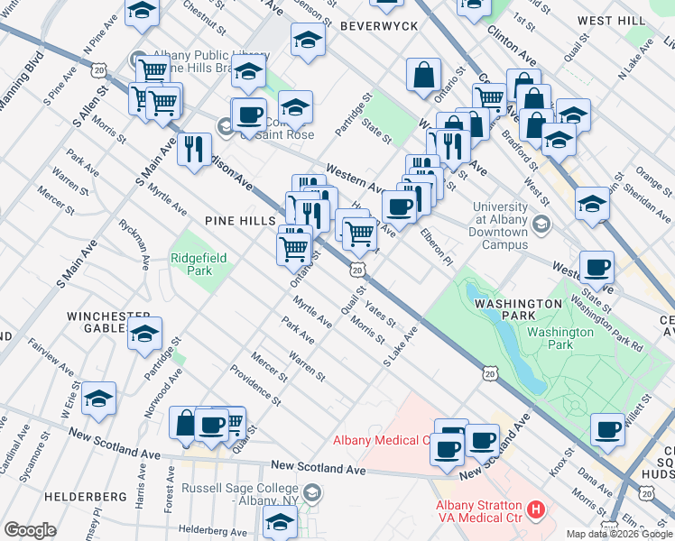 map of restaurants, bars, coffee shops, grocery stores, and more near 844 Madison Avenue in Albany