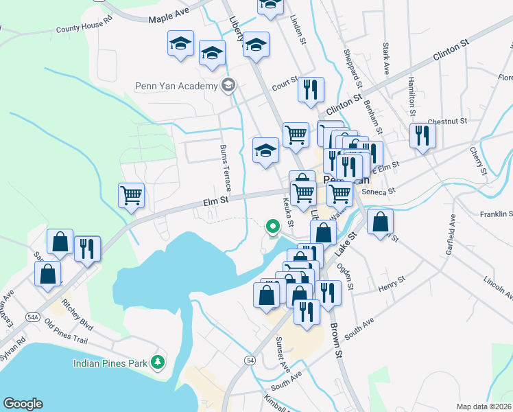 map of restaurants, bars, coffee shops, grocery stores, and more near 322 Elm Street in Penn Yan