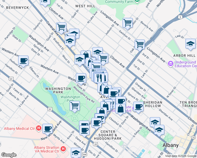 map of restaurants, bars, coffee shops, grocery stores, and more near 87 Sherman Street in Albany