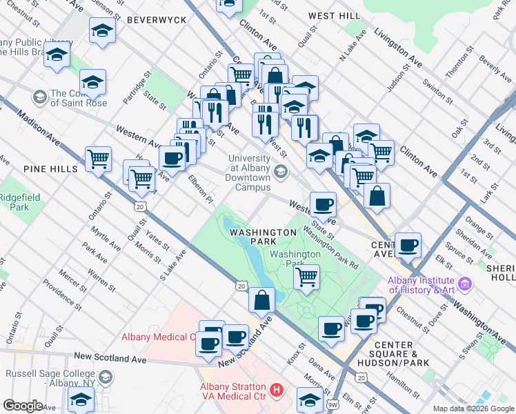 map of restaurants, bars, coffee shops, grocery stores, and more near 28 Thurlow Terrace in Albany