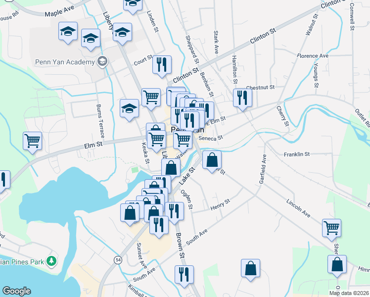 map of restaurants, bars, coffee shops, grocery stores, and more near 104 Water Street in Penn Yan