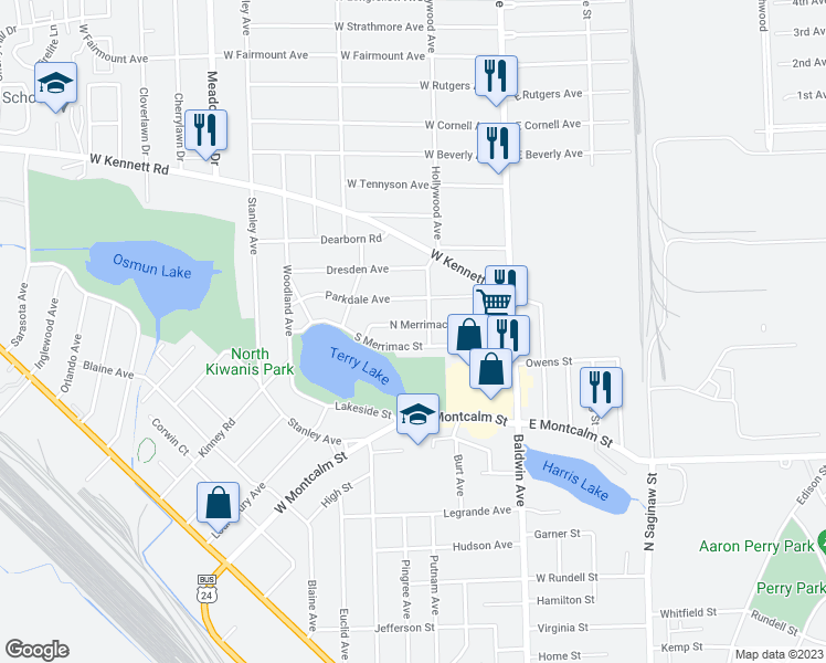 map of restaurants, bars, coffee shops, grocery stores, and more near 101 North Merrimac Street in Pontiac