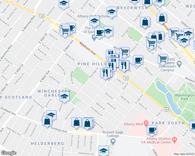 map of restaurants, bars, coffee shops, grocery stores, and more near 689 Myrtle Avenue in Albany