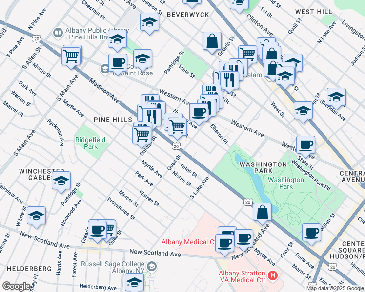 map of restaurants, bars, coffee shops, grocery stores, and more near 783 Madison Avenue in Albany